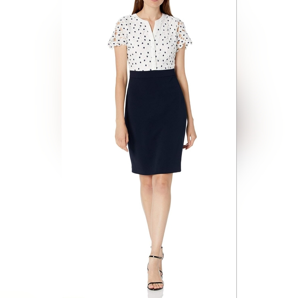 Karl Lagerfeld White Polka Dot Lace-Effect Top Navy Midi Dress